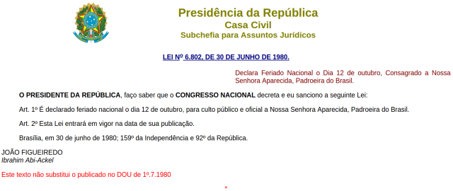Lei 6.802 - Feriado Nacional